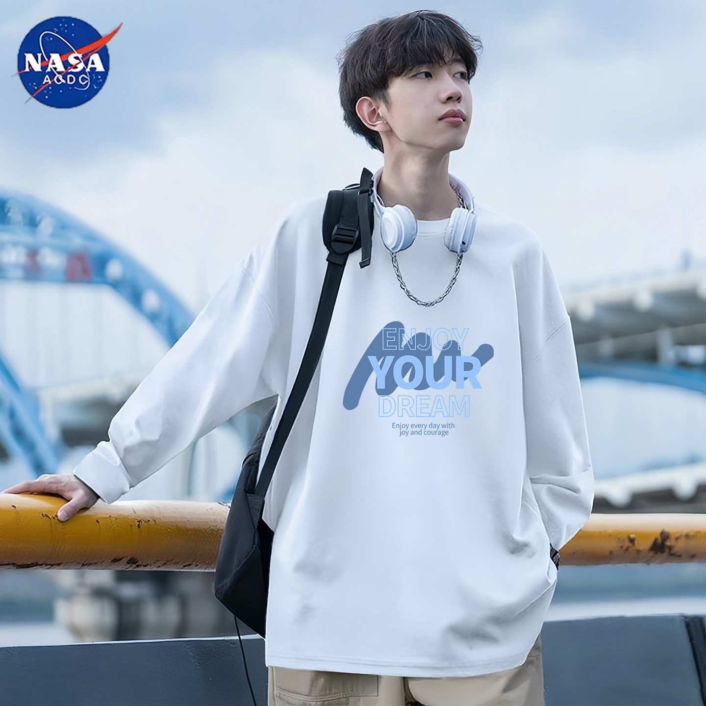 NASA联名纯棉长袖t恤男士2025新款春秋青少年学生宽松内搭打底衫T