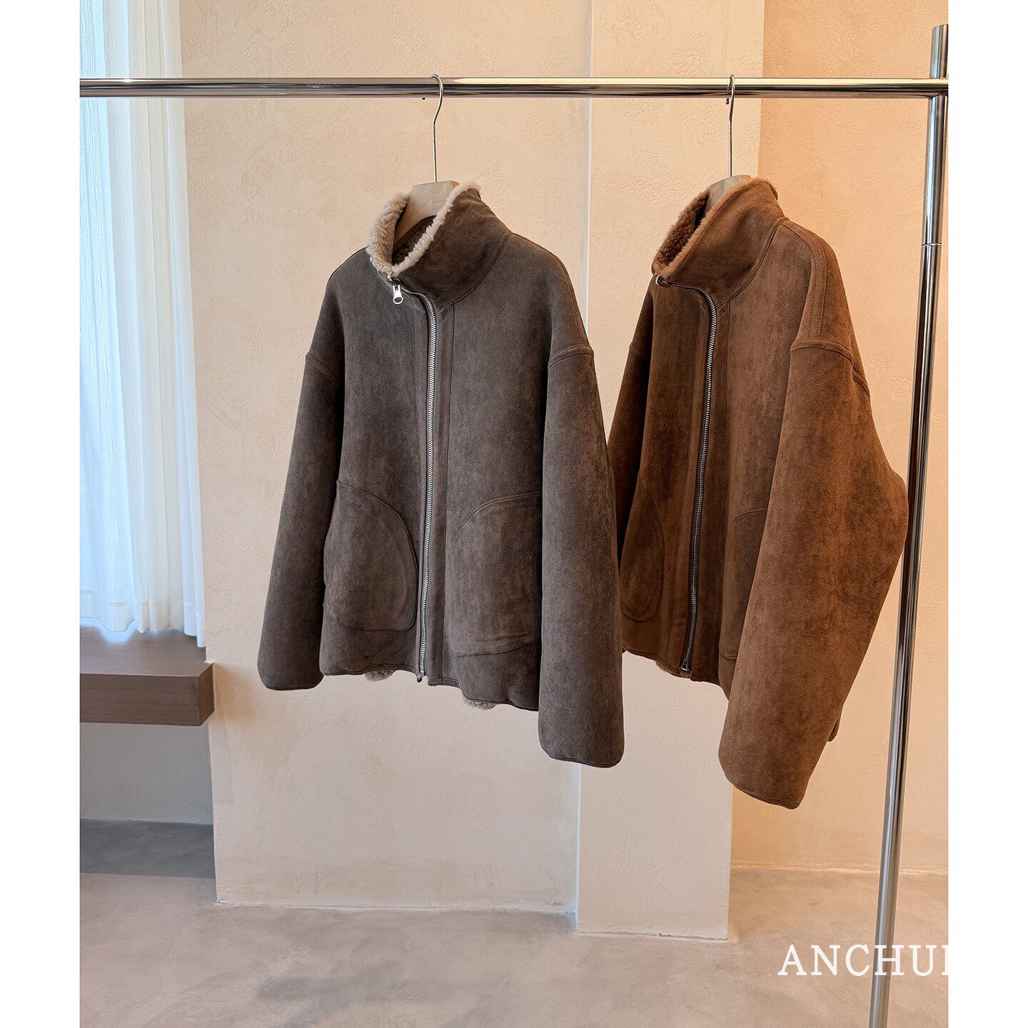 ANCHUDSS 静奢乌木灰 ！100%初剪绵羊毛双面穿麂皮绒 羊羔毛外套