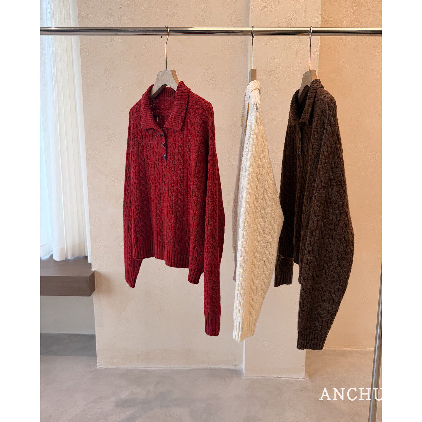 ANCHUDSS 冲它！太喜庆~幸运红！翻领加厚羊毛绞花针织毛衣新款
