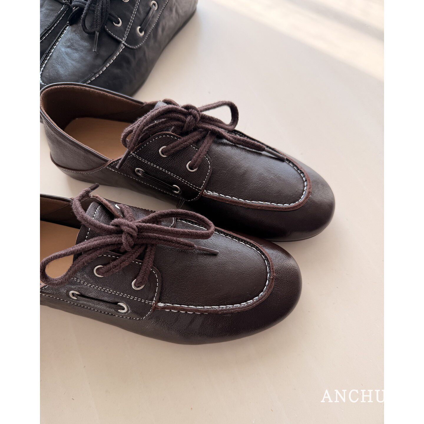 ANCHUDSS 定制三个月皮胚 头层羊皮真皮系带乐福鞋休闲皮鞋