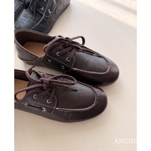 ANCHUDSS 定制三个月皮胚 头层羊皮真皮系带乐福鞋休闲皮鞋