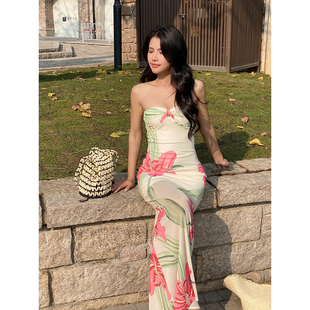 【Peach heart】2/1新品 热带海岛度假印花连衣裙裹胸包臀裙长裙