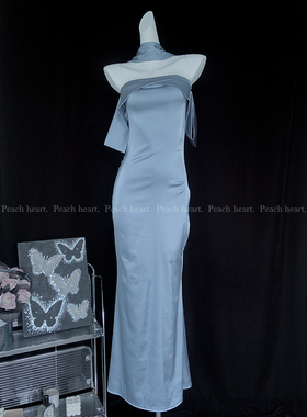 【Peach heart】海边度假夏季新品纯色性感露背抹胸缎面连衣裙女