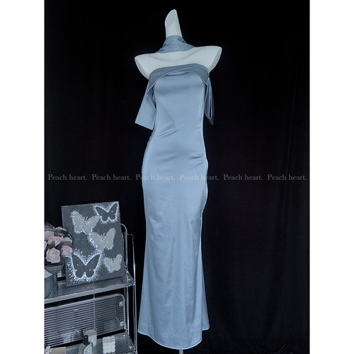 【Peach heart】海边度假夏季新品纯色性感露背抹胸缎面连衣裙女