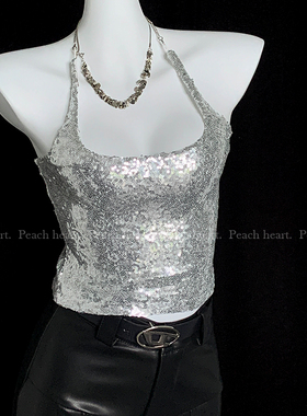 【Peach heart】亮片挂脖辣妹吊带短款上衣U领吊带性感露背心闪片