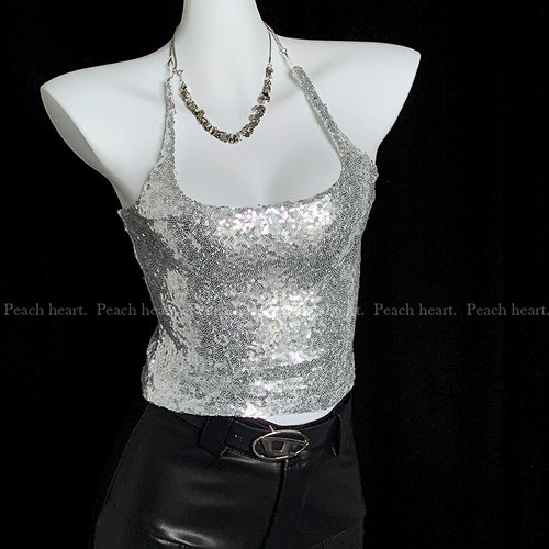 U领亮片Peachheart上衣短款性感