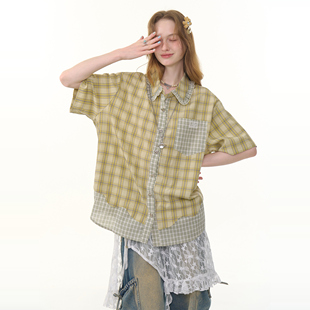 ziziFei夏新款美式复古设计感格纹绿色拼接格子娃娃领短袖衬衫女