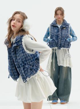 ziziFei秋冬新款美式复古设计感加厚加绒蓝色格纹马甲棉服外套女