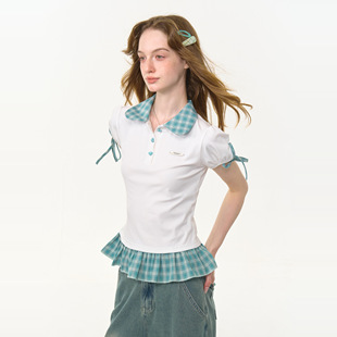 显瘦娃娃领短袖 复古设计感拼接格纹下摆修身 t恤女 美式 ziziFei夏季