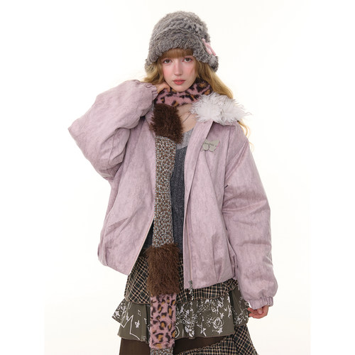 ziziFei秋冬季新款美式设计感加厚保暖少女感粉色毛领棉服外套女