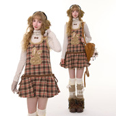 ziziFei秋冬美式 设计感红棕色格纹毛绒兔子兜兜下摆背心连衣裙女