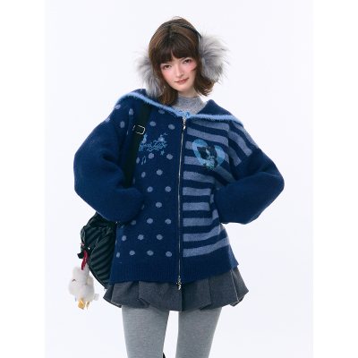 ziziFei秋冬季美式复古设计感海军领印花显瘦蓝色毛衣开衫外套女