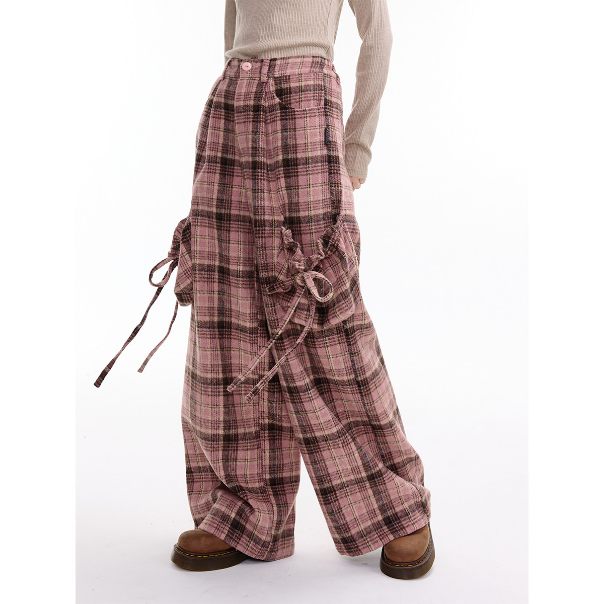 ziziFei秋冬美式设计感高腰显瘦直筒阔腿大口袋粉色格纹休闲裤女,女装/女士精品,休闲裤,淘宝优惠券,粉丝福利购,淘宝优惠卷