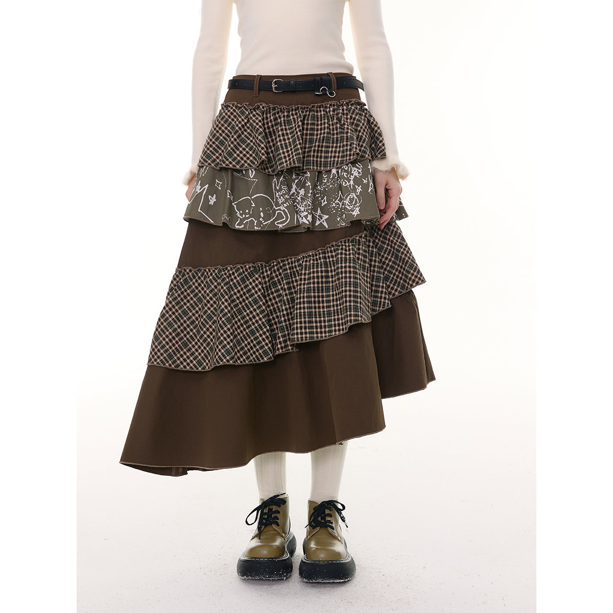 ziziFei秋冬季美式设计感中长款高腰显瘦不规则拼接棕色半身裙女