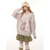 ziziFei秋冬美式 复古设计感杏色温柔软糯熊兔印花毛边V领毛衣女