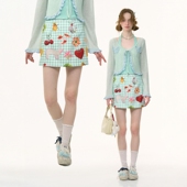 ziziFei夏季 设计感小众水果印花绿色格子高腰显瘦半身短裙女 美式