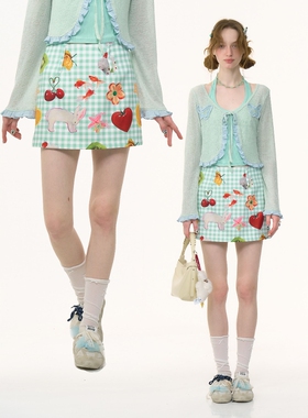 ziziFei夏季美式设计感小众水果印花绿色格子高腰显瘦半身短裙女