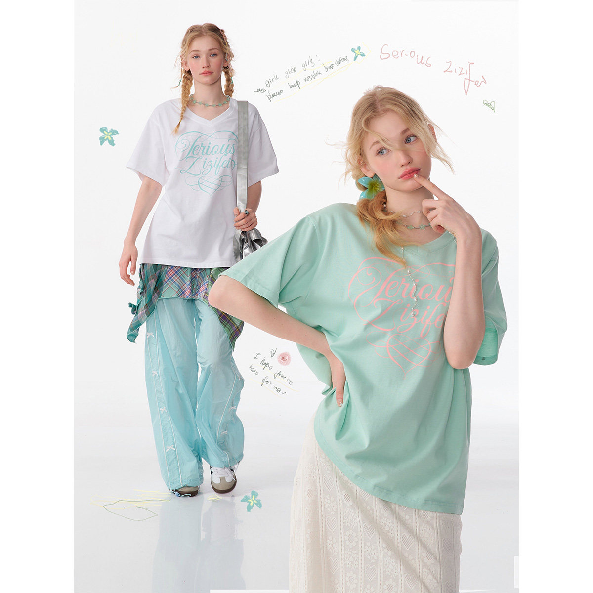 ziziFei夏季美式复古纯色基础字母印花V领宽松大版上衣短袖T恤女