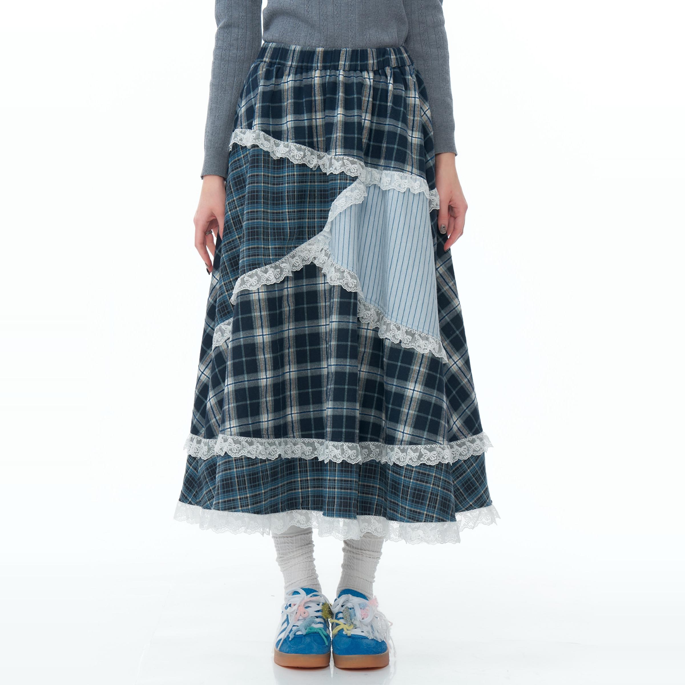 ziziFei美式设计感小众高腰显瘦蓝色格子拼接蕾丝花边半身裙女