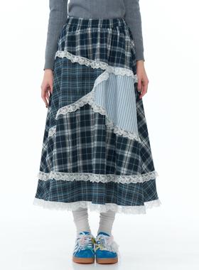 ziziFei美式设计感小众高腰显瘦蓝色格子拼接蕾丝花边半身裙女