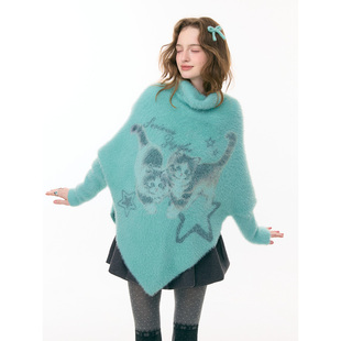 猫咪印花高领蓝绿色斗篷针织毛衣女 秋冬新款 ziziFei 星绘绒猫
