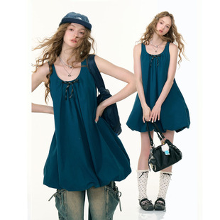 兜兜连衣裙女 复古设计感蝴蝶结深蓝色花苞无袖 ziziFei夏新款 美式