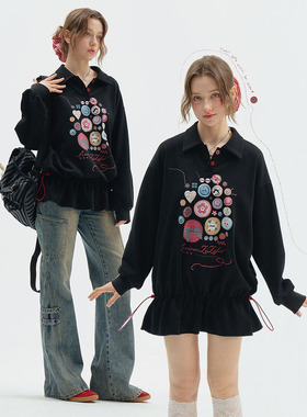 ziziFei春秋美式复古设计感纽扣印花黑色polo领收腰卫衣连衣裙女