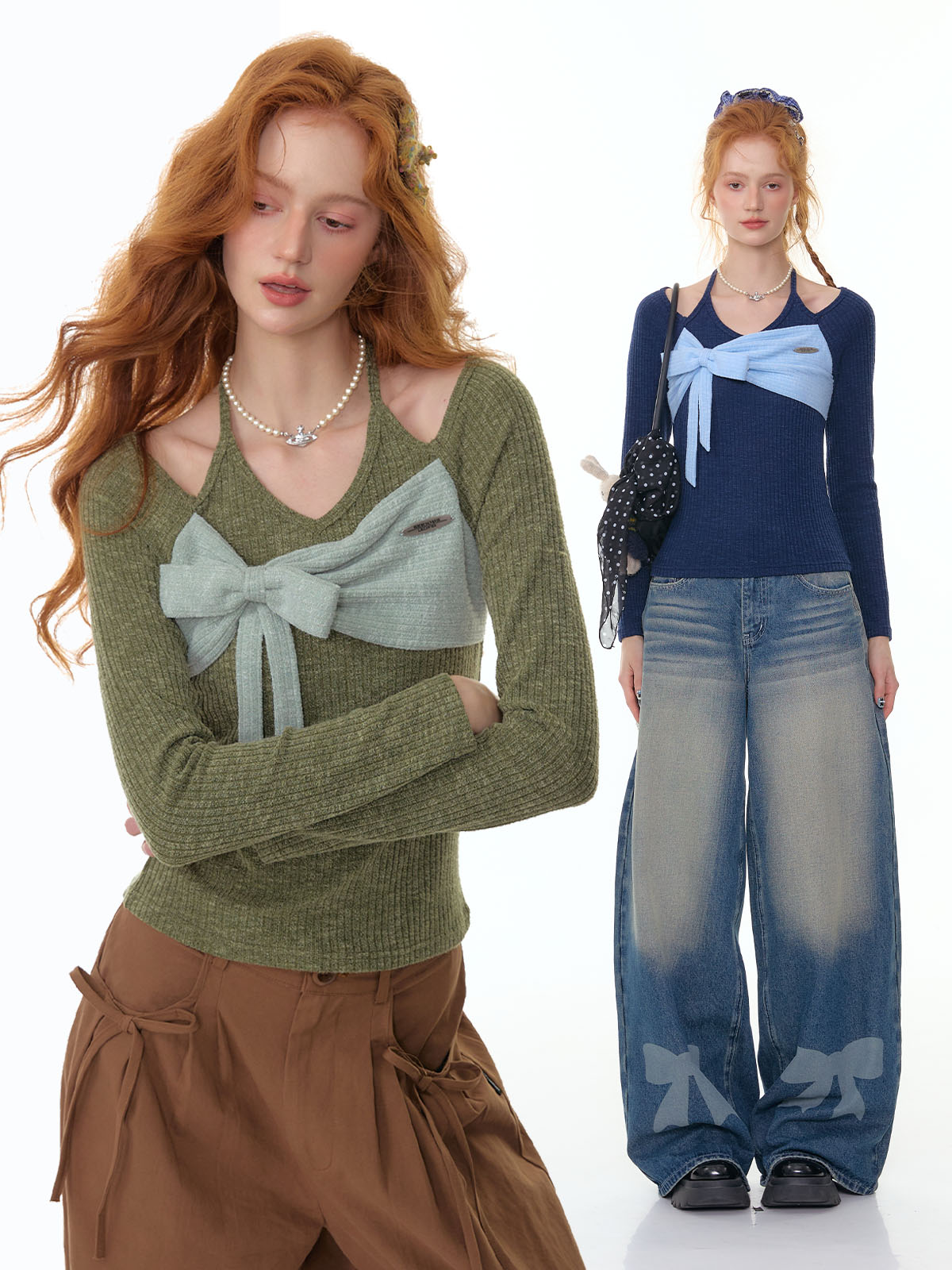 ziziFei Autumn/Winter American-Style Color Block Bow Halter Neck Long-Sleeved T-Shirt Knitwear for Women