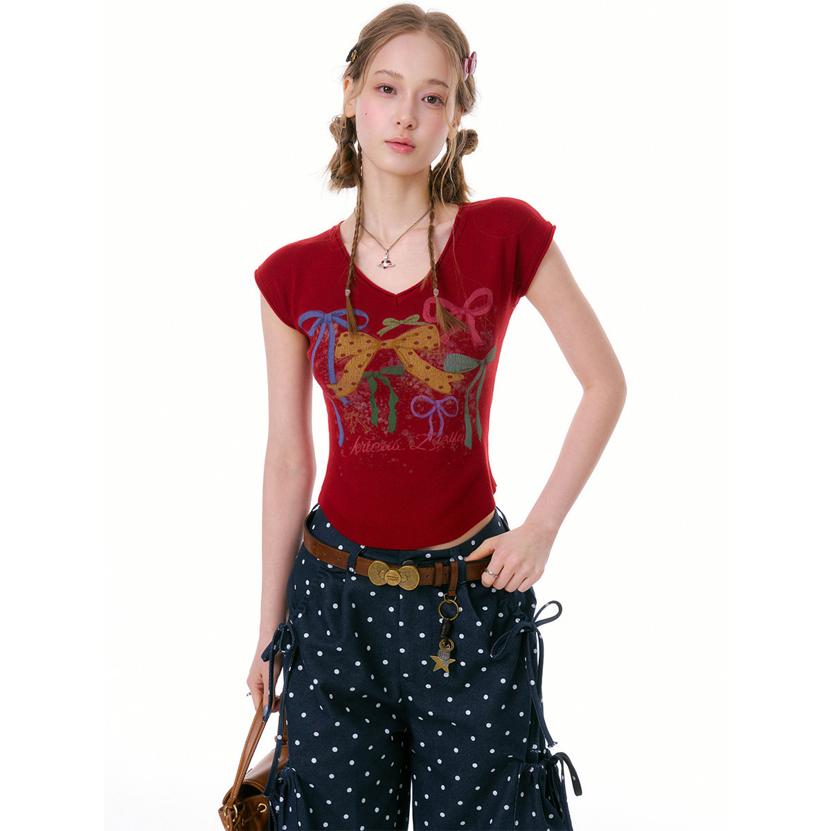 ziziFei''甜桃旧梦''夏修身显瘦上衣蝴蝶结印花红色v领短袖t恤女