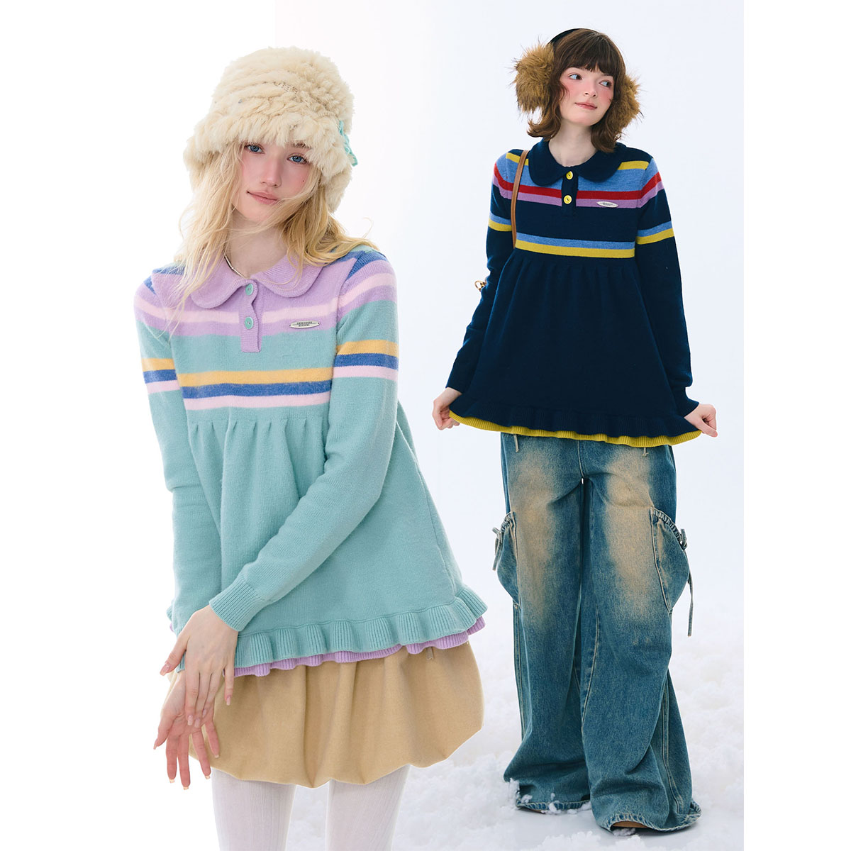 ziziFei秋冬美式复古设计感娃娃领撞色条纹花边下摆慵懒风毛衣女