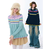 ziziFei秋冬美式 复古设计感娃娃领撞色条纹花边下摆慵懒风毛衣女