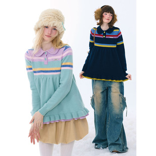 ziziFei秋冬美式 复古设计感娃娃领撞色条纹花边下摆慵懒风毛衣女