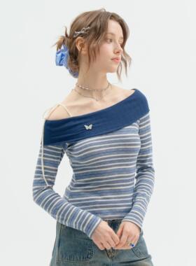 ziziFei春秋季美式设计感修身显瘦一字肩条纹深蓝色斜肩长袖T恤女