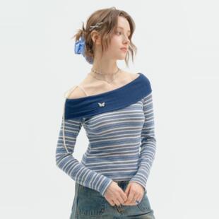 显瘦一字肩条纹深蓝色斜肩长袖 设计感修身 T恤女 美式 ziziFei春秋季