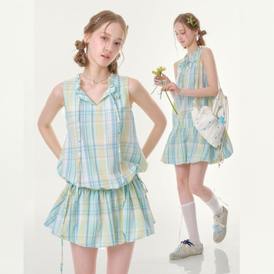 ziziFei''青柠''夏季清新田园风薄荷绿格纹无袖收腰兜兜连衣裙女