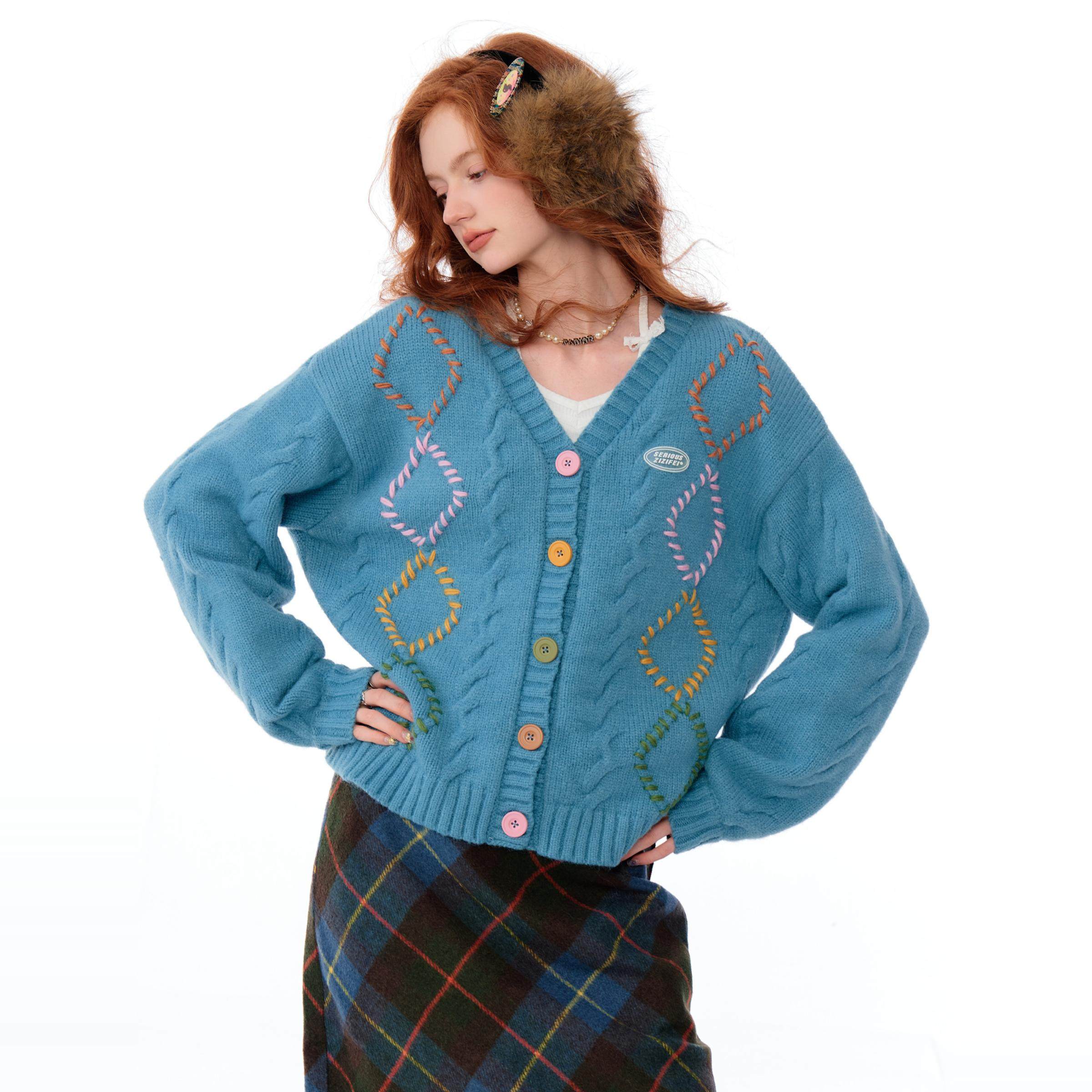 ziziFei秋冬新款美式复古慵懒风宽松设计感菱格子毛衣开衫外套女,女装/女士精品,毛衣,淘宝优惠券,粉丝福利购,淘宝优惠卷