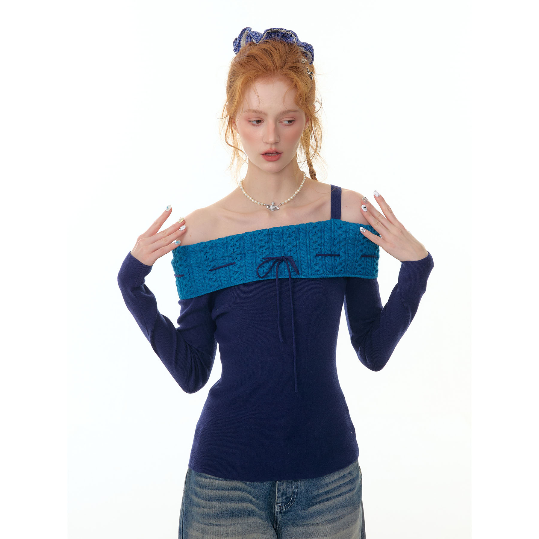 ziziFei秋冬季美式慵懒风设计感斜肩一字领绑带修身上衣针织衫女