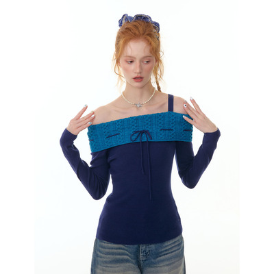 ziziFei秋冬季美式慵懒风设计感斜肩一字领绑带修身上衣针织衫女