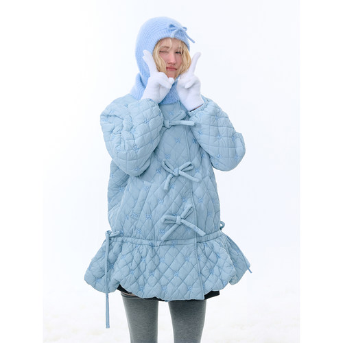 ziziFei秋冬季设计感兜兜下摆中长款加厚保暖蓝色棉衣棉服外套女