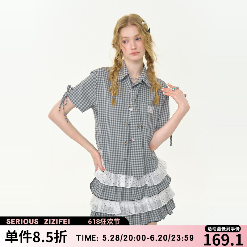 ziziFei夏季美式复古设计感黑白格子波点花边下摆上衣短袖衬衫女