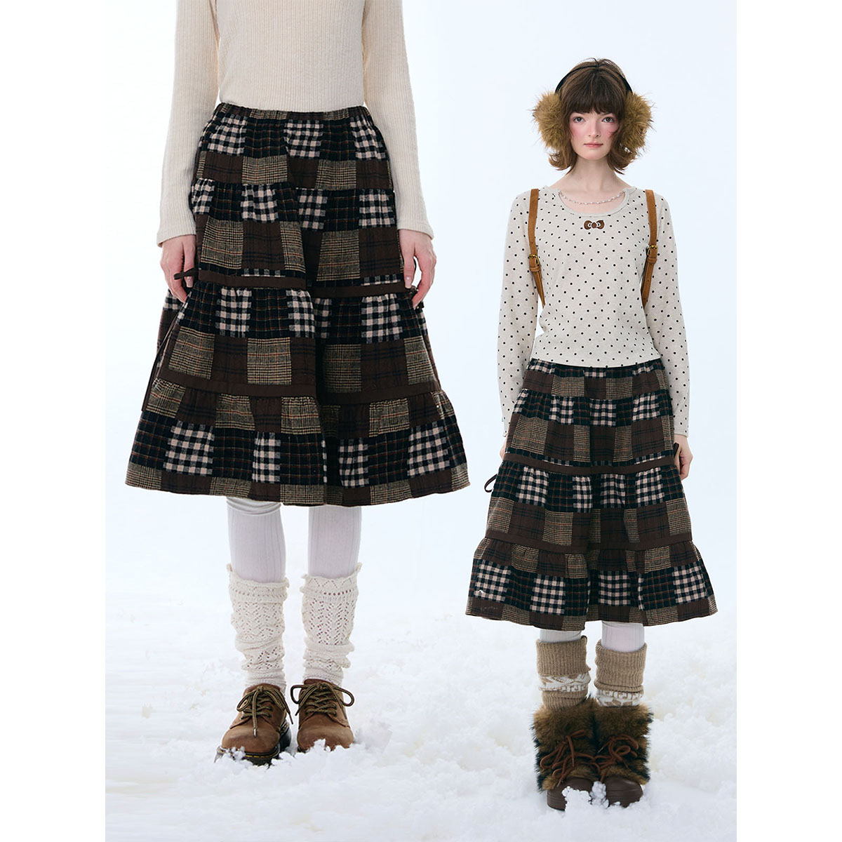 ziziFei秋冬季美式设计感深棕色拼接格纹中长款高腰显瘦半身裙女