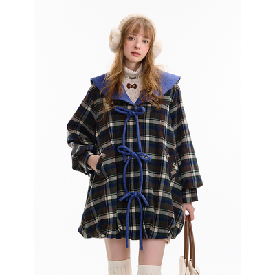 ziziFei秋冬季娃娃翻领兜兜下摆深蓝色中长款格纹毛呢大衣外套女
