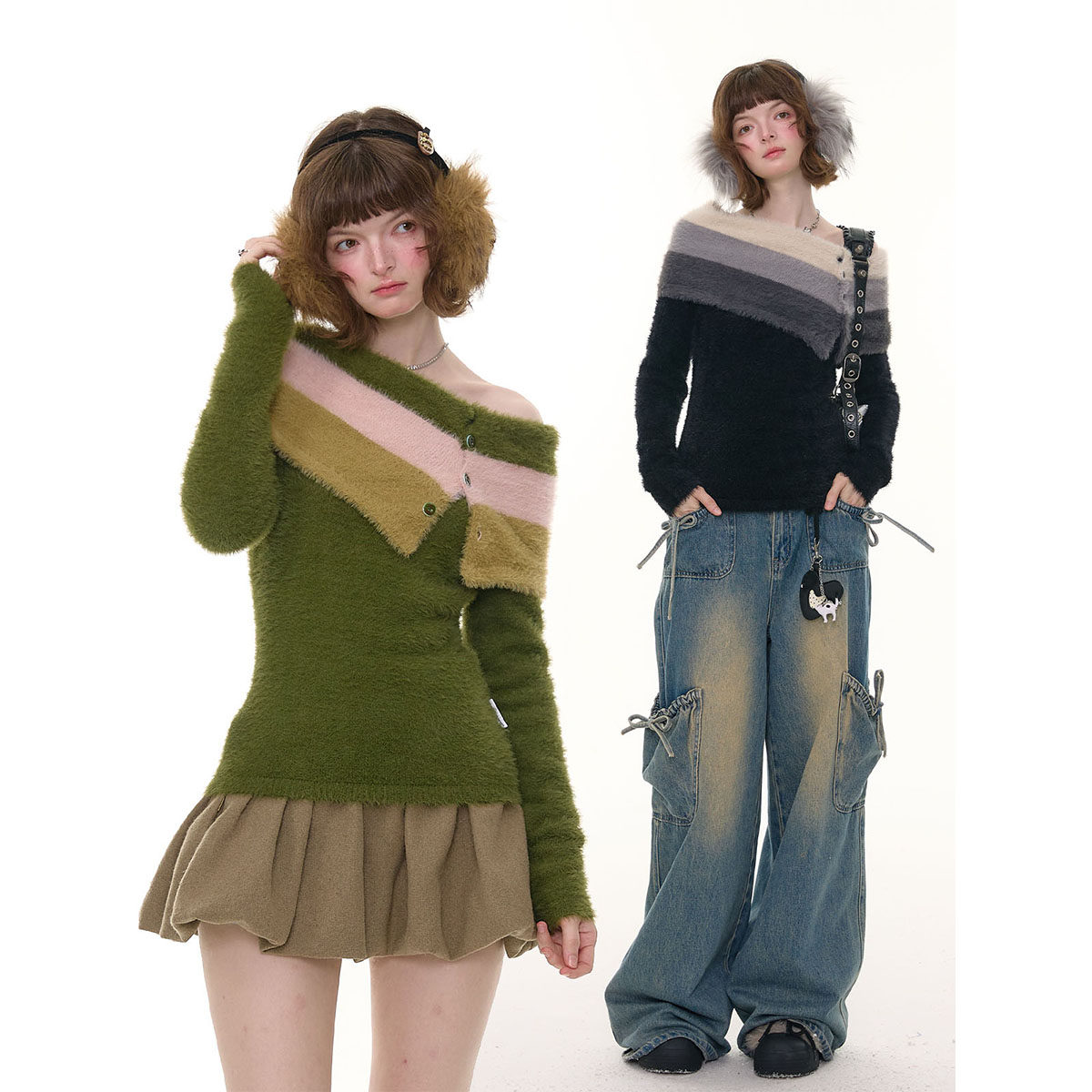 ziziFei秋冬新款美式复古设计感撞色条纹一字肩毛绒针织衫上衣女