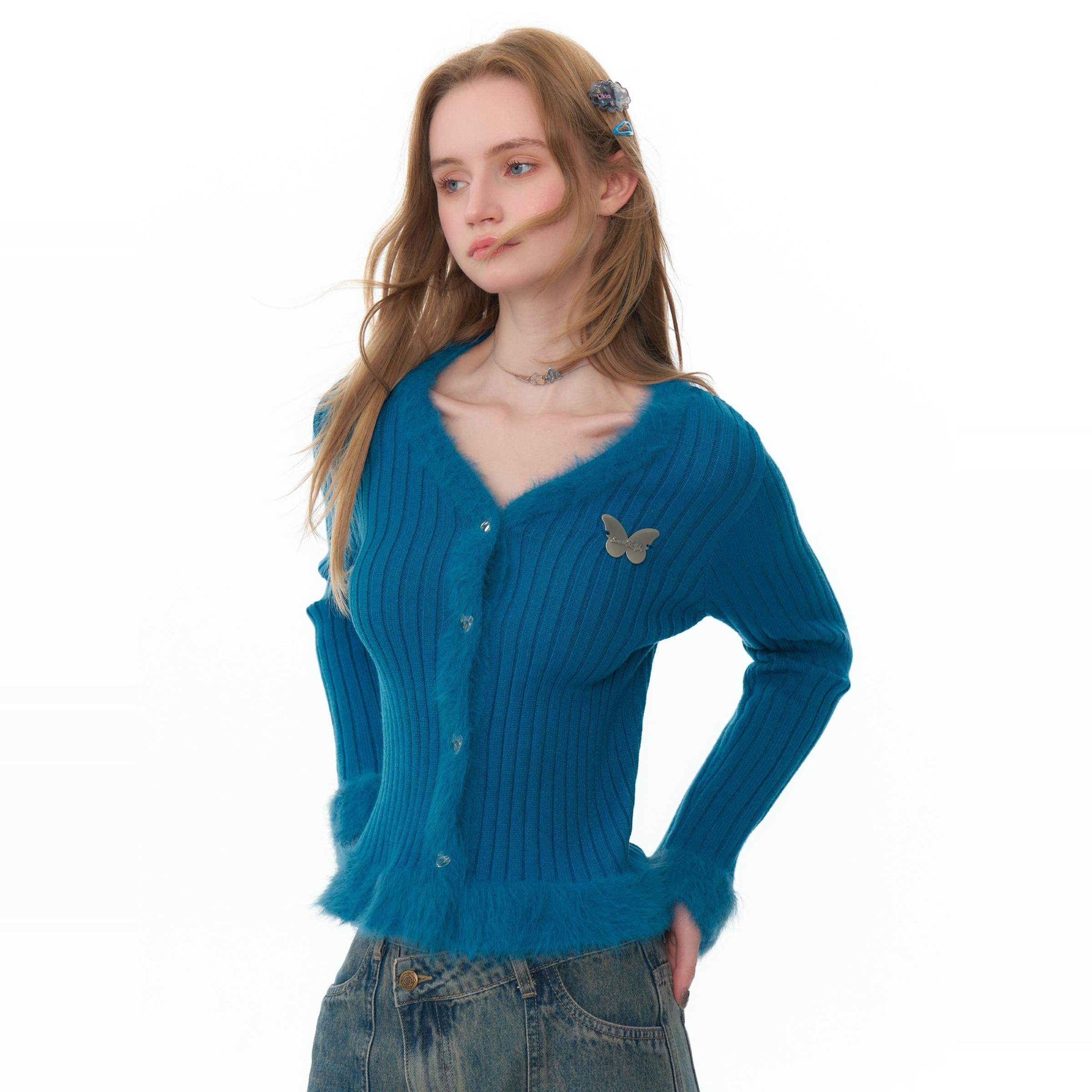 ziziFei秋冬季美式复古设计感修身显瘦蓝色V领针织毛衣开衫外套女,女装/女士精品,毛针织衫,淘宝优惠券,粉丝福利购,淘宝优惠卷