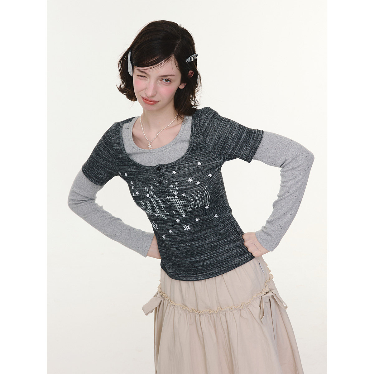 ziziFei''星夜兔闪''春秋假两件设计感上衣美式复古圆领长袖t恤女,女装/女士精品,T恤,淘宝优惠券,粉丝福利购,淘宝优惠卷