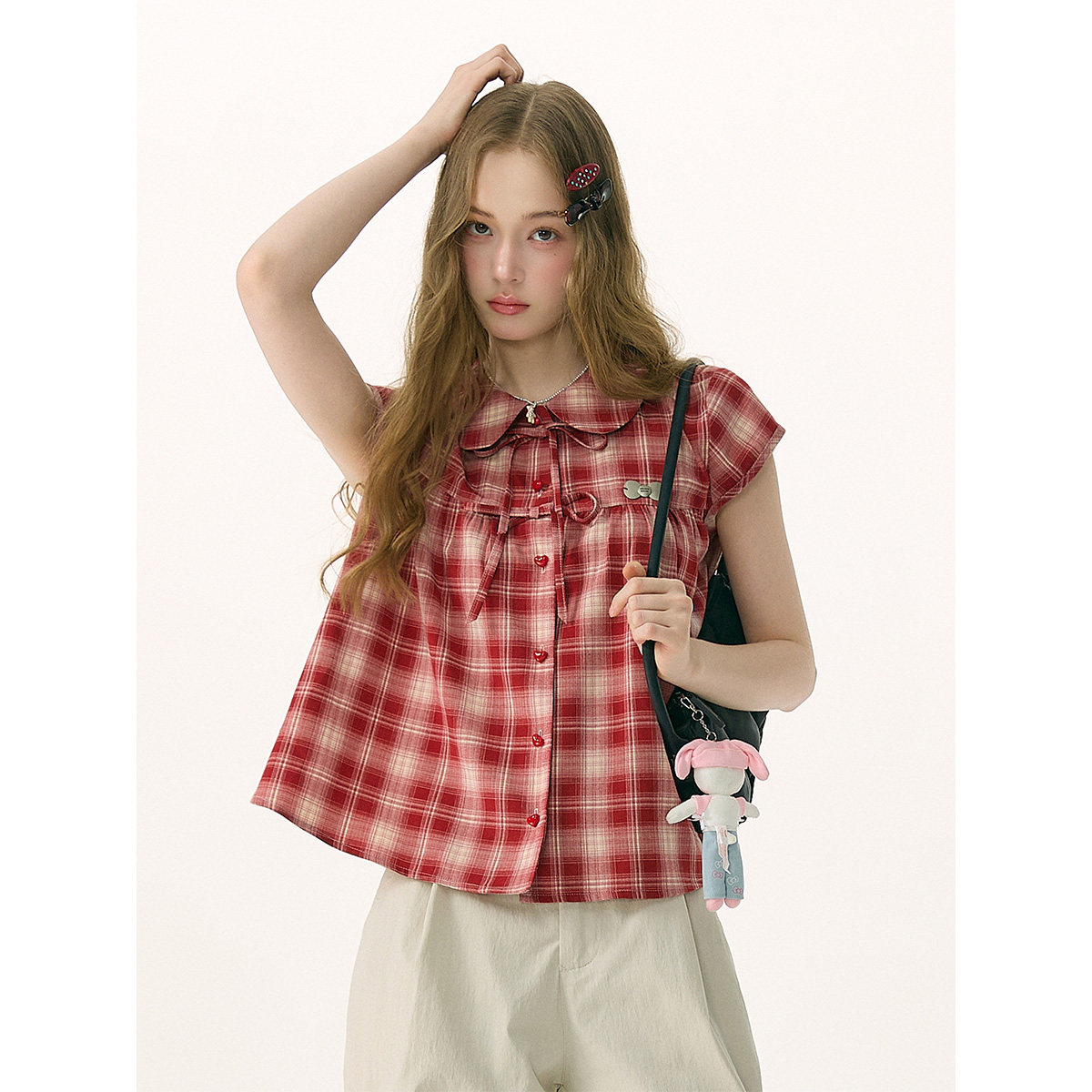ziziFei''少女心事''夏季娃娃领蝴蝶结红色格纹学院风短袖衬衫女
