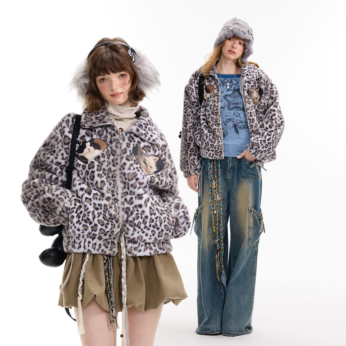 ziziFei秋冬季美式复古设计感猫咪印花加厚豹纹羊羔绒毛毛外套女