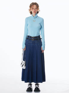 a字百褶牛仔半身裙女 显瘦高腰复古长款 ziziFei秋冬季 深蓝色美式