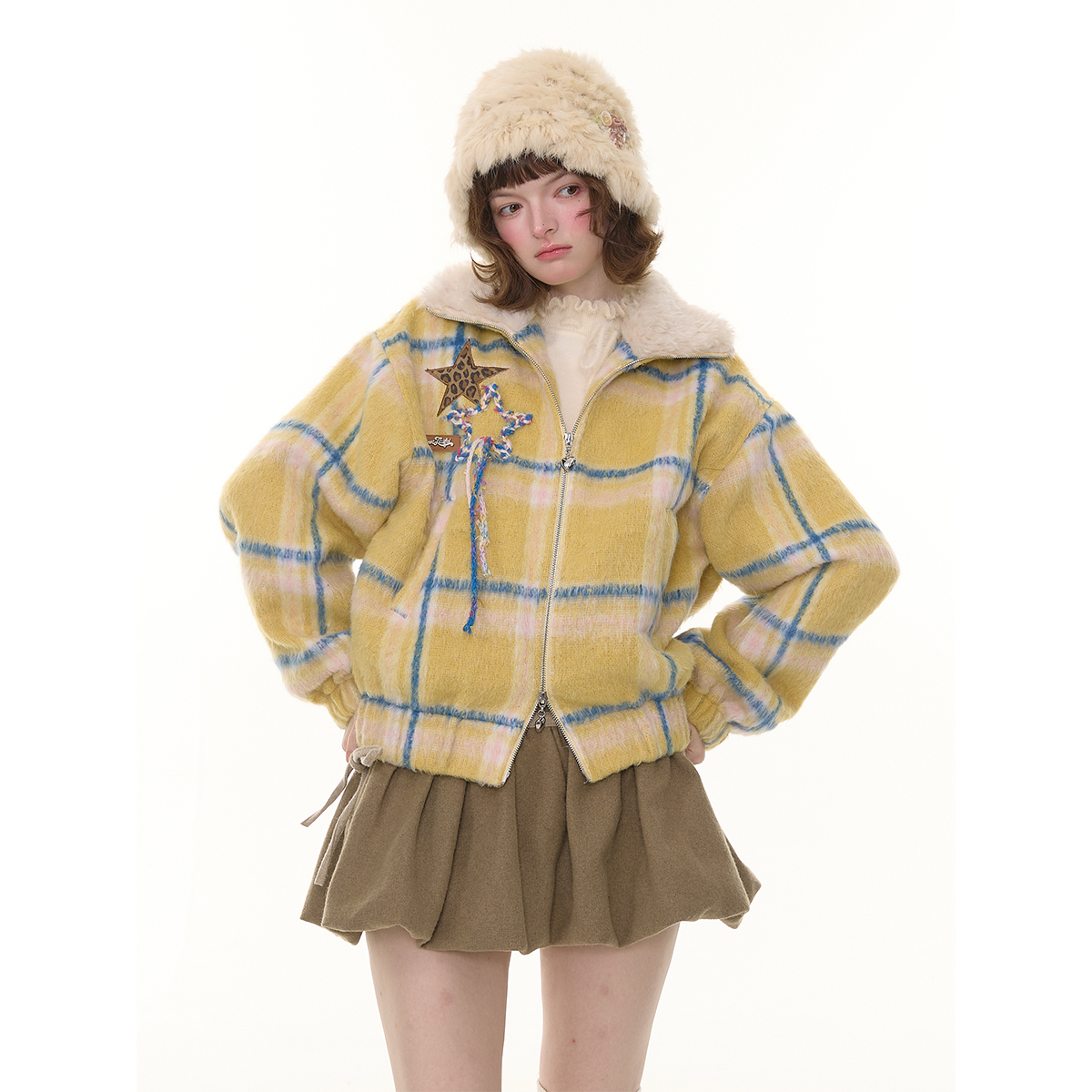 ziziFei秋冬美式复古设计感黄色格纹毛领加厚星星图案毛呢外套女
