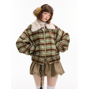 ziziFei秋冬加厚美式 复古休闲显瘦设计感绿色毛呢格纹毛领外套女